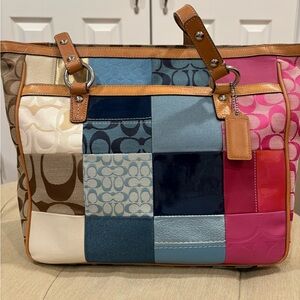 Coach Brown and Blue Patchwork Tote Bag
